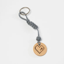 Load image into Gallery viewer, keychain-with-grey-leather-and-wooden-chip-with-engraved-pixelated-heart