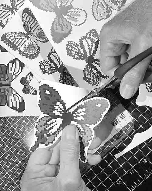 Load image into Gallery viewer, white-ceramic-mug-with-handle-and-blue-pixelated-butterfly