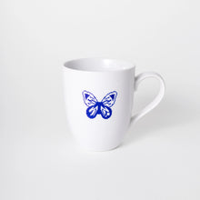 Load image into Gallery viewer, white-ceramic-mug-with-handle-and-blue-pixelated-butterfly