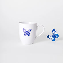 Load image into Gallery viewer, white-ceramic-mug-with-handle-and-blue-pixelated-butterfly