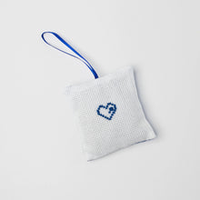 Load image into Gallery viewer, white-lavender-sachet-with-blue-heart-embroidery-and-blue-silk-ribbon