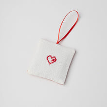 Load image into Gallery viewer, white-lavender-sachet-with-red-heart-embroidery-and-red-silk-ribbon