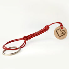 Load image into Gallery viewer, keychain-with-red-leather-and-wooden-chip-with-engraved-pixelated-heart
